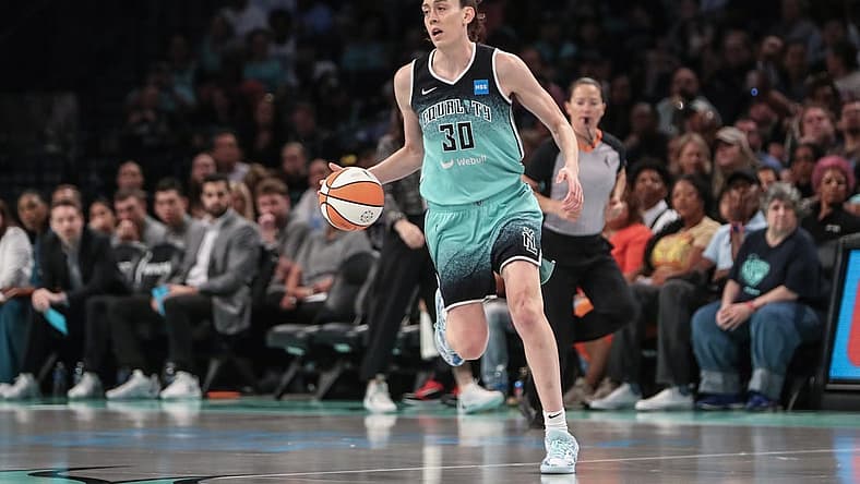 Aug 6, 2023; Brooklyn, New York, USA; New York Liberty forward Breanna Stewart (30) brings the ball up court in the first quarter against the Las Vegas Aces at Barclays Center. Mandatory Credit: Wendell Cruz-USA TODAY Sports