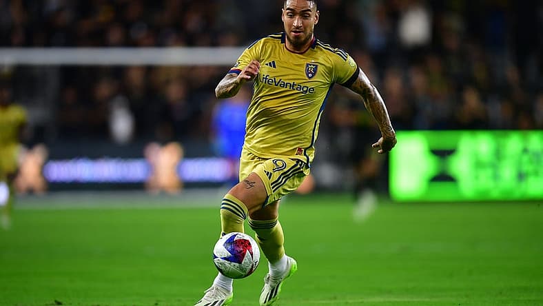 Aug 8, 2023; Los Angeles, CA, USA; Real Salt Lake forward Cristian Arango (9) moves the ball against Los Angeles FC during the first half at BMO Stadium. Mandatory Credit: Gary A. Vasquez-USA TODAY Sports