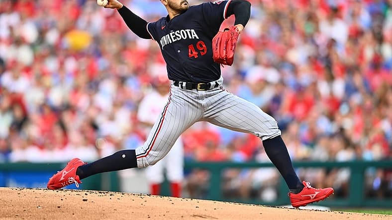 Aug 12, 2023; Philadelphia, Pennsylvania, USA; Minnesota Twins starting pitcher Pablo Lopez (49) throws a pitch against the Philadelphia Phillies in the first inning at Citizens Bank Park. Mandatory Credit: Kyle Ross-USA TODAY Sports