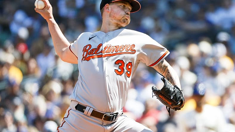 Aug 13, 2023; Seattle, Washington, USA; Baltimore Orioles starting pitcher Kyle Bradish (39) throws against the Seattle Mariners during the third inning at T-Mobile Park. Mandatory Credit: Joe Nicholson-USA TODAY Sports