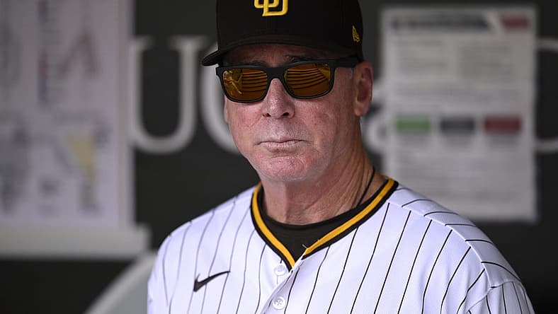 Aug 19, 2023; San Diego, California, USA; San Diego Padres manager Bob Melvin (3) looks on before the game against the Arizona Diamondbacks at Petco Park. Mandatory Credit: Orlando Ramirez-USA TODAY Sports