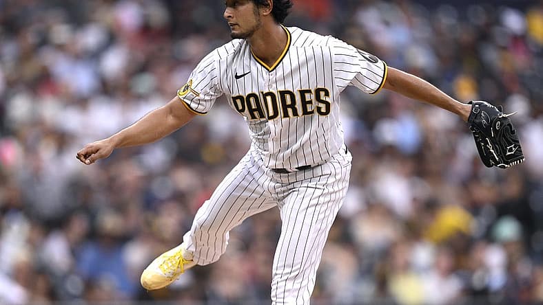Aug 19, 2023; San Diego, California, USA; San Diego Padres starting pitcher Yu Darvish (11) throws a pitch against the Arizona Diamondbacks during the third inning at Petco Park. Mandatory Credit: Orlando Ramirez-USA TODAY Sports