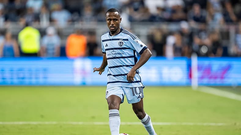 Aug 4, 2023; Kansas City, KS, USA; Sporting Kansas City midfielder Gadi Kinda (10) passes the ball during the second half against Toluca at Children's Mercy Park. Mandatory Credit: Jay Biggerstaff-USA TODAY Sports