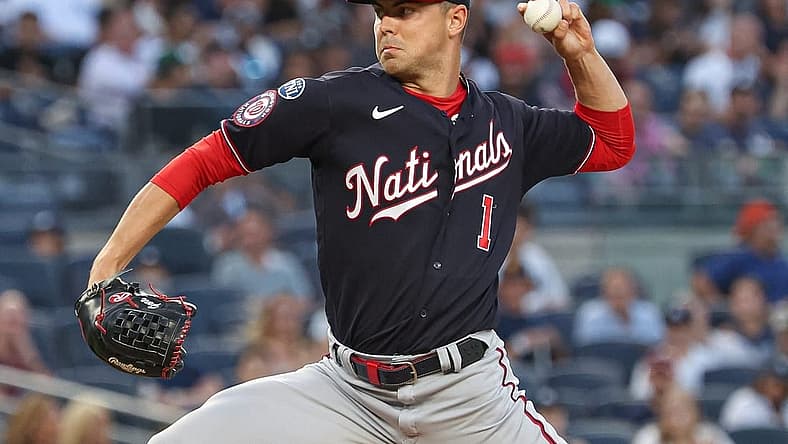 Aug 23, 2023; Bronx, New York, USA; Washington Nationals starting pitcher MacKenzie Gore (1) delivers a pitch during the first inning against the New York Yankees at Yankee Stadium. Mandatory Credit: Vincent Carchietta-USA TODAY Sports