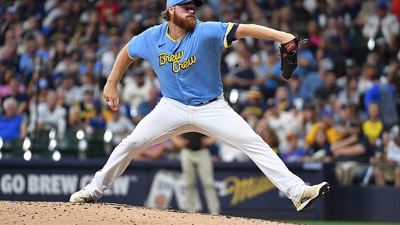 Aug 25, 2023; Milwaukee, Wisconsin, USA; Milwaukee Brewers starting pitcher Brandon Woodruff (53) delivers a pitch against the San Diego Padres in the fifth inning at American Family Field. Mandatory Credit: Michael McLoone-USA TODAY Sports