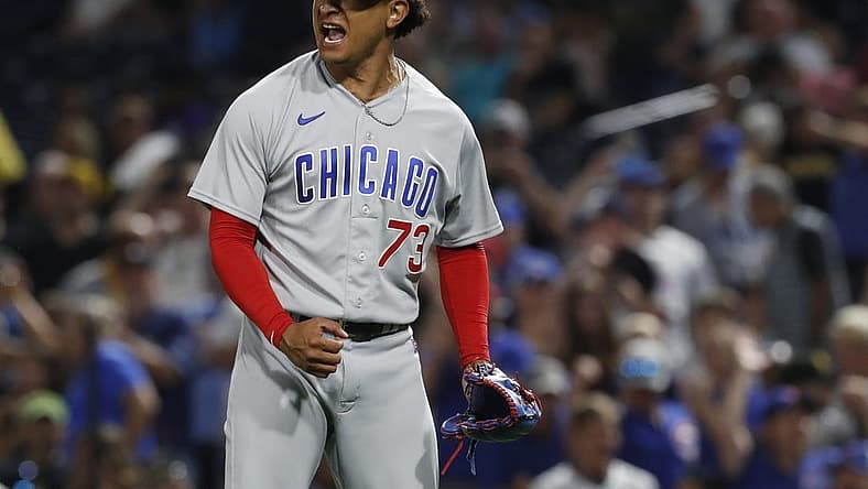 Aug 26, 2023; Pittsburgh, Pennsylvania, USA; Chicago Cubs relief pitcher Adbert Alzolay (73) reacts after defeating the Pittsburgh Pirates at PNC Park. Chicago won 10-6. Mandatory Credit: Charles LeClaire-USA TODAY Sports