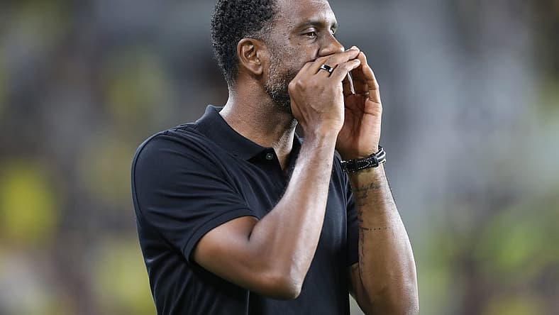 Aug 26, 2023; Columbus, Ohio, USA; Columbus Crew SC Head Coach Wilfried Nancy gestures during the second half at Lower.com Field. Mandatory Credit: Joseph Maiorana-USA TODAY Sports