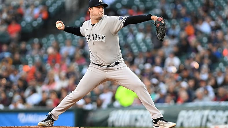 Aug 30, 2023; Detroit, Michigan, USA; New York Yankees starting pitcher Gerrit Cole (45) throws a pitch against the Detroit Tigers in the first inning at Comerica Park. Mandatory Credit: Lon Horwedel-USA TODAY Sports
