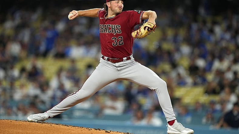 Aug 29, 2023; Los Angeles, California, USA; Arizona Diamondbacks starting pitcher Brandon Pfaadt (32) throws in the second inning against the Los Angeles Dodgers at Dodger Stadium. Mandatory Credit: Kirby Lee-USA TODAY Sports