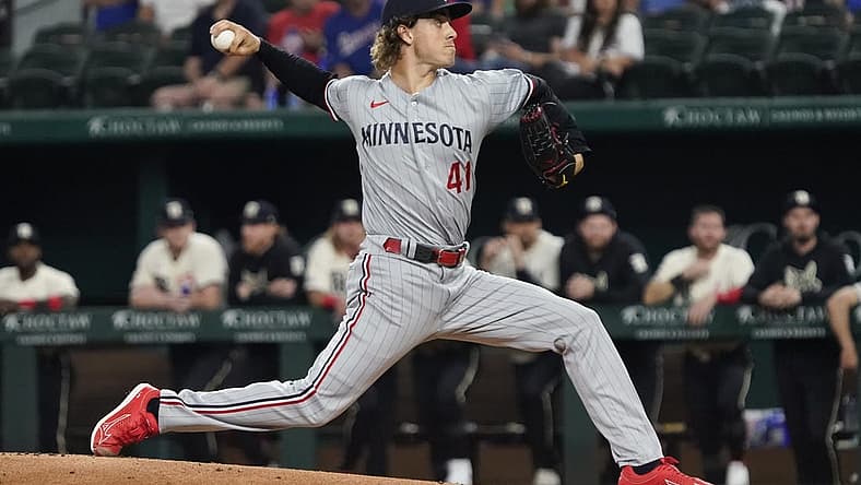 Sep 1, 2023; Arlington, Texas, USA; Minnesota Twins starting pitcher Joe Ryan (41) throws to the plate during the first inning against the Texas Rangers at Globe Life Field. Mandatory Credit: Raymond Carlin III-USA TODAY Sports