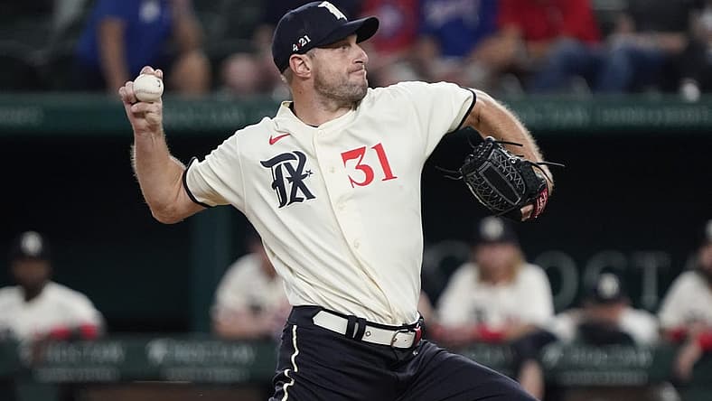 Sep 1, 2023; Arlington, Texas, USA; Texas Rangers starting pitcher Max Scherzer (31) throws to the plate during the first inning against the Minnesota Twins at Globe Life Field. Mandatory Credit: Raymond Carlin III-USA TODAY Sports