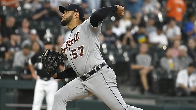Sep 1, 2023; Chicago, Illinois, USA; Detroit Tigers starting pitcher Eduardo Rodriguez (57) delivers a pitch against the Chicago White Sox during the first inning at Guaranteed Rate Field. Mandatory Credit: Matt Marton-USA TODAY Sports