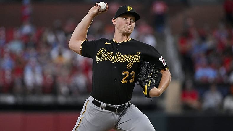 Sep 1, 2023; St. Louis, Missouri, USA; Pittsburgh Pirates starting pitcher Mitch Keller (23) pitches against the St. Louis Cardinals during the first inning at Busch Stadium. Mandatory Credit: Jeff Curry-USA TODAY Sports