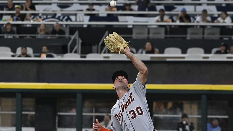Sep 1, 2023; Chicago, Illinois, USA; Detroit Tigers right fielder Kerry Carpenter (30) catches a fly ball in foul territory hit by Chicago White Sox first baseman Andrew Vaughn (not shown) during the second inning at Guaranteed Rate Field. Mandatory Credit: Matt Marton-USA TODAY Sports