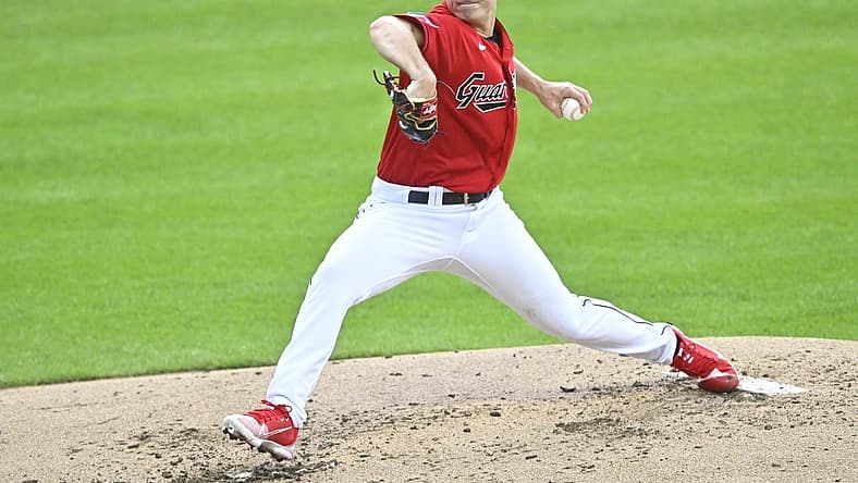 Sep 2, 2023; Cleveland, Ohio, USA; Cleveland Guardians starting pitcher Logan Allen (41) delivers against the Tampa Bay Rays in the second inning at Progressive Field. Mandatory Credit: David Richard-USA TODAY Sports