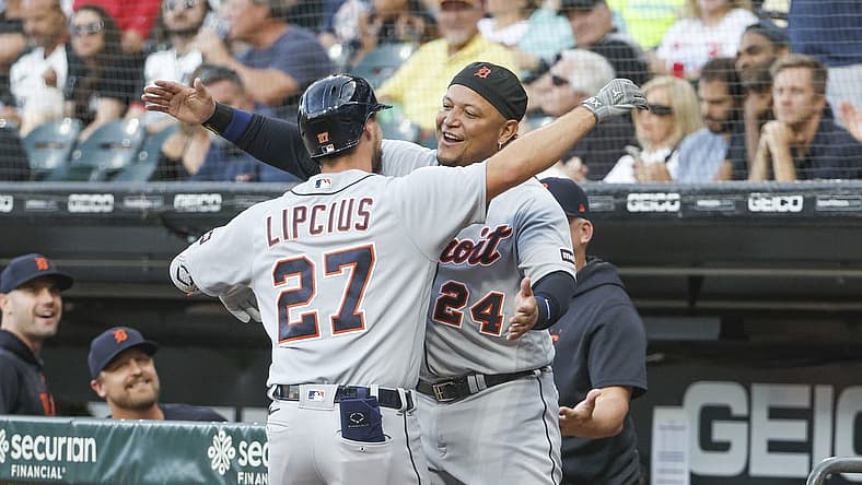 Sep 2, 2023; Chicago, Illinois, USA; Detroit Tigers second baseman Andre Lipcius (27) celebrates with designated hitter Miguel Cabrera (24) after hitting a two-run home run against the Chicago White Sox during the first inning at Guaranteed Rate Field. Mandatory Credit: Kamil Krzaczynski-USA TODAY Sports