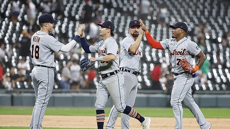 Sep 2, 2023; Chicago, Illinois, USA; Detroit Tigers players celebrate after defeating the Chicago White Sox at Guaranteed Rate Field. Mandatory Credit: Kamil Krzaczynski-USA TODAY Sports