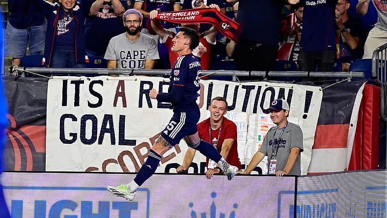 Sep 2, 2023; Foxborough, Massachusetts, USA;  New England Revolution attacker Tomas Chancalay (5) leaps in the air after scoring a goal against the Austin FC during the first half at Gillette Stadium. Mandatory Credit: Eric Canha-USA TODAY Sports