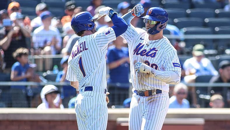 Sep 3, 2023; New York City, New York, USA;  New York Mets first baseman Pete Alonso (20) is greeted by left fielder Jeff McNeil (1) after hitting a two run home run in the third inning against the Seattle Mariners at Citi Field. Mandatory Credit: Wendell Cruz-USA TODAY Sports