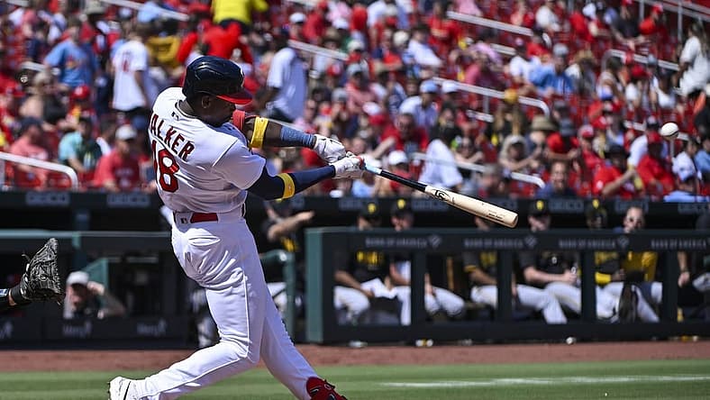 Sep 3, 2023; St. Louis, Missouri, USA;  St. Louis Cardinals right fielder Jordan Walker (18) hits a solo home run against the Pittsburgh Pirates during the third inning at Busch Stadium. Mandatory Credit: Jeff Curry-USA TODAY Sports