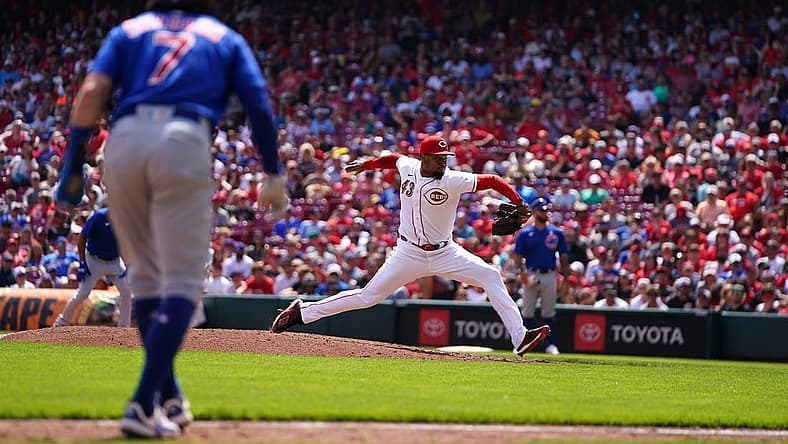 Cincinnati Reds relief pitcher Alexis Diaz (43) delivers a pitch with the bases loaded in the eighth inning of a baseball game between the Chicago Cubs and the Cincinnati Reds, Sunday, Sept. 3, 2023, at Great American Ball Park in Cincinnati.