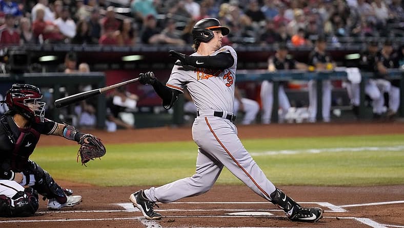 Sep 3, 2023; Phoenix, Arizona, USA; Baltimore Orioles catcher Adley Rutschman (35) bats against the Arizona Diamondbacks at Chase Field. Mandatory Credit: Joe Camporeale-USA TODAY Sports