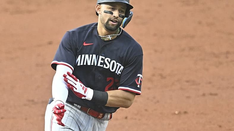 Sep 4, 2023; Cleveland, Ohio, USA; Minnesota Twins third baseman Royce Lewis (23) celebrates his grand slam in the second inning against the Cleveland Guardians at Progressive Field. Mandatory Credit: David Richard-USA TODAY Sports