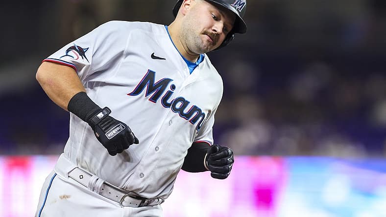 Sep 5, 2023; Miami, Florida, USA; Miami Marlins third baseman Jake Burger (36) circles the bases after hitting a home run against the Los Angeles Dodgers during the fourth inning at loanDepot Park. Mandatory Credit: Sam Navarro-USA TODAY Sports