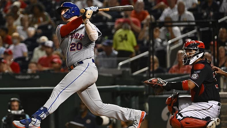Sep 5, 2023; Washington, District of Columbia, USA; New York Mets first baseman Pete Alonso (20) hits a solo home run against the Washington Nationals during the fifth inning at Nationals Park. Mandatory Credit: Brad Mills-USA TODAY Sports