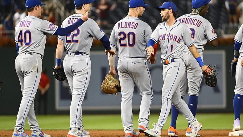 Sep 5, 2023; Washington, District of Columbia, USA; New York Mets right fielder Jeff McNeil (1) and first baseman Pete Alonso (20) celebrate after the game against the Washington Nationals at Nationals Park. Mandatory Credit: Brad Mills-USA TODAY Sports