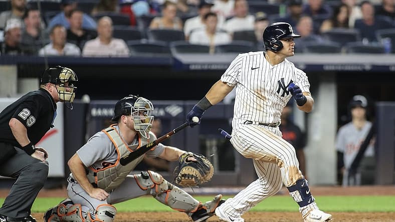 Sep 5, 2023; Bronx, New York, USA; New York Yankees center fielder Jasson Dominguez (89) hits a double in the eighth inning against the Detroit Tigers at Yankee Stadium. Mandatory Credit: Wendell Cruz-USA TODAY Sports
