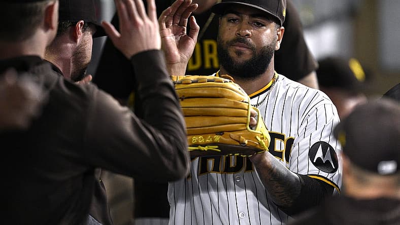 Sep 5, 2023; San Diego, California, USA; San Diego Padres starting pitcher Pedro Avila (60) is congratulated in the dugout after a pitching change in the seventh inning against the Philadelphia Phillies at Petco Park. Mandatory Credit: Orlando Ramirez-USA TODAY Sports