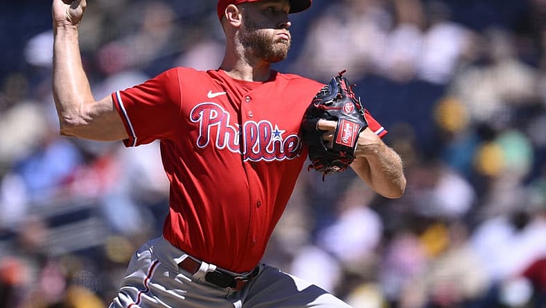 Sep 6, 2023; San Diego, California, USA; Philadelphia Phillies starting pitcher Zack Wheeler (45) throws a pitch against the San Diego Padres during the first inning at Petco Park. Mandatory Credit: Orlando Ramirez-USA TODAY Sports