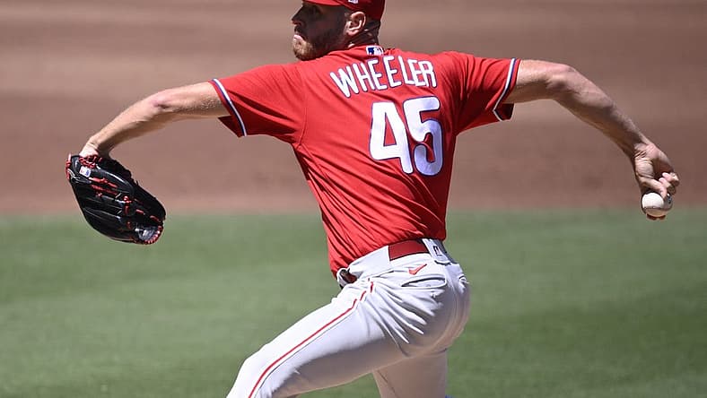 Sep 6, 2023; San Diego, California, USA; Philadelphia Phillies starting pitcher Zack Wheeler (45) throws a pitch against the San Diego Padres during the first inning at Petco Park. Mandatory Credit: Orlando Ramirez-USA TODAY Sports