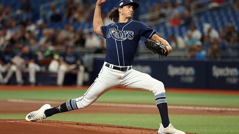 Sep 6, 2023; St. Petersburg, Florida, USA; Tampa Bay Rays starting pitcher Tyler Glasnow (20) throws a pitch against the Boston Red Sox during the first inning at Tropicana Field. Mandatory Credit: Kim Klement Neitzel-USA TODAY Sports