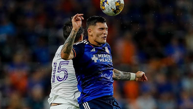 Sep 2, 2023; Cincinnati, Ohio, USA; FC Cincinnati forward Brandon Vazquez (19) heads the ball against Orlando City SC defender Rodrigo Schlegel (15) in the second half at TQL Stadium. Mandatory Credit: Katie Stratman-USA TODAY Sports