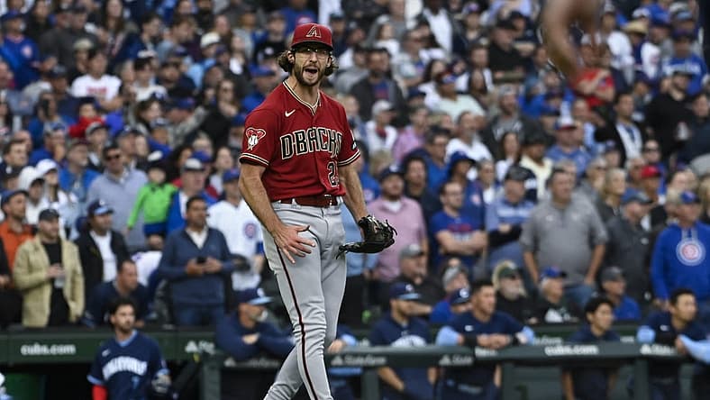 Sep 8, 2023; Chicago, Illinois, USA; Arizona Diamondbacks starting pitcher Zac Gallen (23) reacts at the end of the game against the Chicago Cubs at Wrigley Field. Mandatory Credit: Matt Marton-USA TODAY Sports