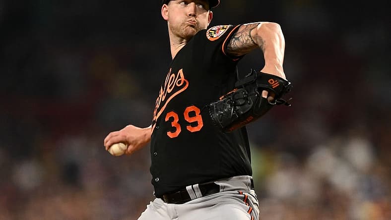 Sep 8, 2023; Boston, Massachusetts, USA; Baltimore Orioles starting pitcher Kyle Bradish (39) pitches against the Boston Red Sox during the first inning at Fenway Park. Mandatory Credit: Brian Fluharty-USA TODAY Sports