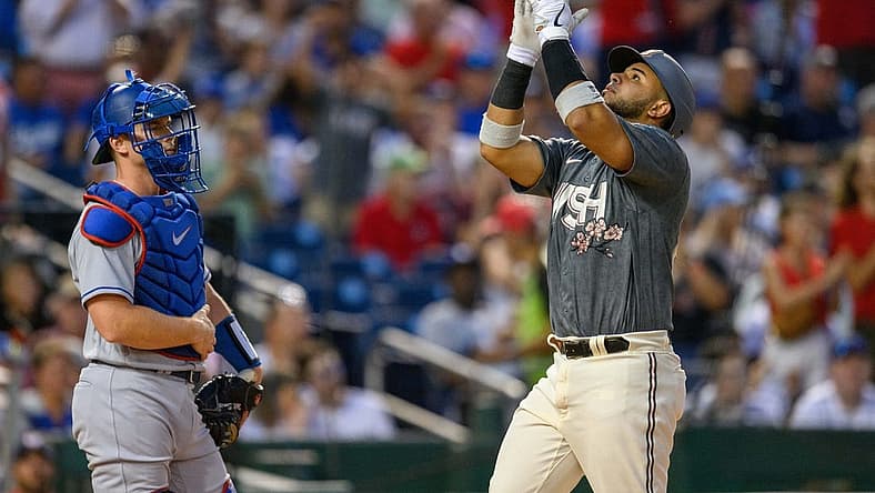 Sep 8, 2023; Washington, District of Columbia, USA; Washington Nationals catcher Keibert Ruiz (20) celebrates after hitting a three run home run against the Los Angeles Dodgers at Nationals Park. Mandatory Credit: Reggie Hildred-USA TODAY Sports