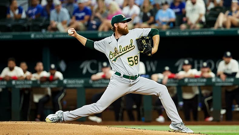Sep 8, 2023; Arlington, Texas, USA; Oakland Athletics starting pitcher Paul Blackburn (58) throws during the second inning against the Texas Rangers at Globe Life Field. Mandatory Credit: Kevin Jairaj-USA TODAY Sports