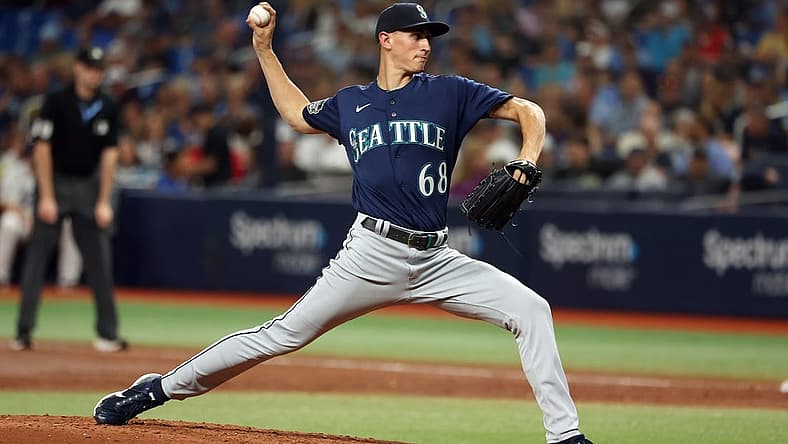 Sep 8, 2023; St. Petersburg, Florida, USA; Seattle Mariners starting pitcher George Kirby (68) throws a pitch against the Tampa Bay Rays during the third inning at Tropicana Field. Mandatory Credit: Kim Klement Neitzel-USA TODAY Sports