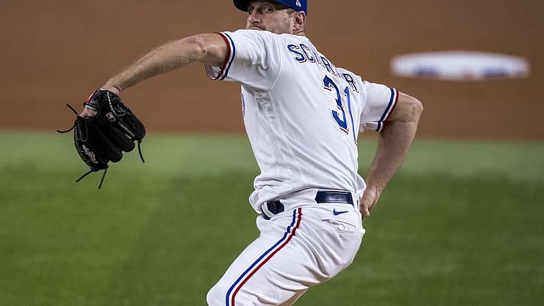 Sep 6, 2023; Arlington, Texas, USA; Texas Rangers starting pitcher Max Scherzer (31) in action during the game between the Texas Rangers and the Houston Astros at Globe Life Field. Mandatory Credit: Jerome Miron-USA TODAY Sports