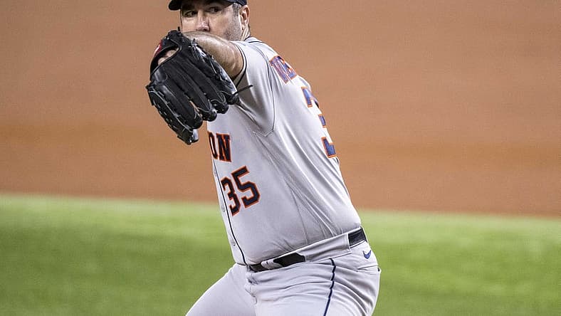 Sep 6, 2023; Arlington, Texas, USA; Houston Astros starting pitcher Justin Verlander (35) in action during the game between the Texas Rangers and the Houston Astros at Globe Life Field. Mandatory Credit: Jerome Miron-USA TODAY Sports