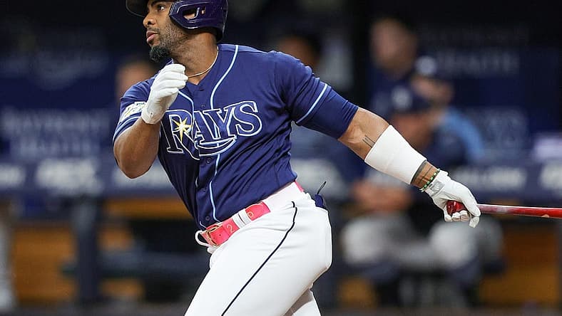 Sep 9, 2023; St. Petersburg, Florida, USA; Tampa Bay Rays first baseman Yandy Diaz (2) hits an rbi double against the Seattle Mariners in the seventh inning at Tropicana Field. Mandatory Credit: Nathan Ray Seebeck-USA TODAY Sports