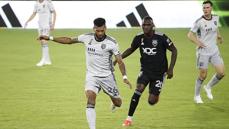 Sep 9, 2023; Washington, District of Columbia, USA; San Jose Earthquakes defender Rodrigues (26) kicks the ball away from D.C. United forward Christian Benteke (20) during the first half at Audi Field. Mandatory Credit: Amber Searls-USA TODAY Sports