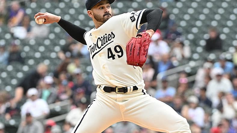 Sep 10, 2023; Minneapolis, Minnesota, USA; Minnesota Twins starting pitcher Pablo Lopez (49) delivers a pitch against the New York Mets in the second inning at Target Field. Mandatory Credit: Michael McLoone-USA TODAY Sports