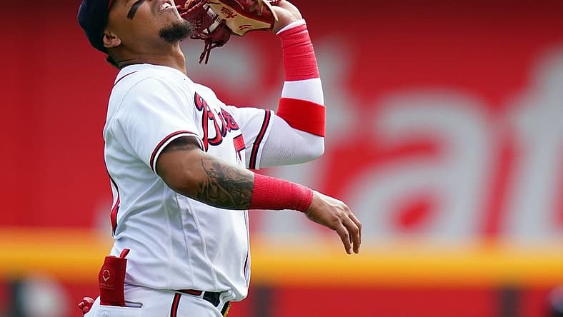 Sep 10, 2023; Cumberland, Georgia, USA; Atlanta Braves shortstop Orlando Arcia (11) catches a pop fly for an out against the Pittsburgh Pirates during the seventh inning at Truist Park. Mandatory Credit: John David Mercer-USA TODAY Sports