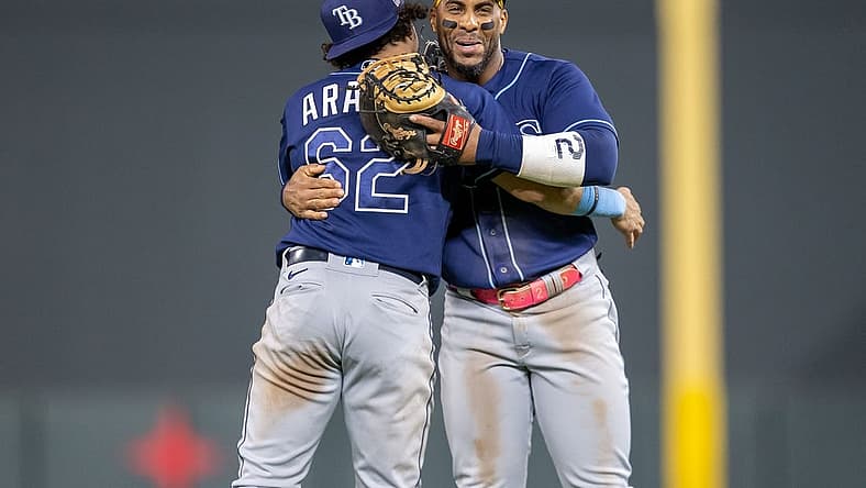Sep 11, 2023; Minneapolis, Minnesota, USA; Tampa Bay Rays third baseman Jonathan Aranda (62) and first baseman Yandy Diaz (2) celebrate after defeating the Minnesota Twins at Target Field. Mandatory Credit: Jesse Johnson-USA TODAY Sports