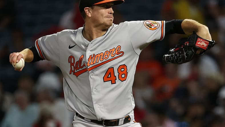 Sep 6, 2023; Anaheim, California, USA; Baltimore Orioles starting pitcher Kyle Gibson (48) pitches during the game against the Los Angeles Angels at Angel Stadium. Mandatory Credit: Kiyoshi Mio-USA TODAY Sports
