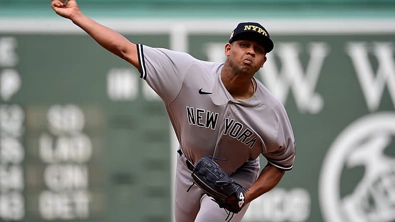 Sep 12, 2023; Boston, Massachusetts, USA; New York Yankees starting pitcher Randy Vasquez (98) pitches against the Boston Red Sox during the first inning at Fenway Park. Mandatory Credit: Eric Canha-USA TODAY Sports